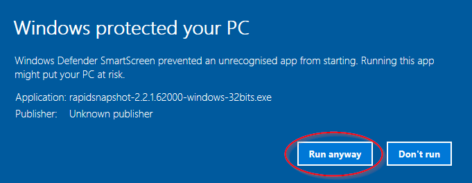 Select Run Anyway from Windows 10 UAC