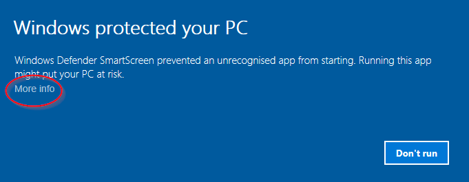 Windows 10 UAC is triggered, select more info.