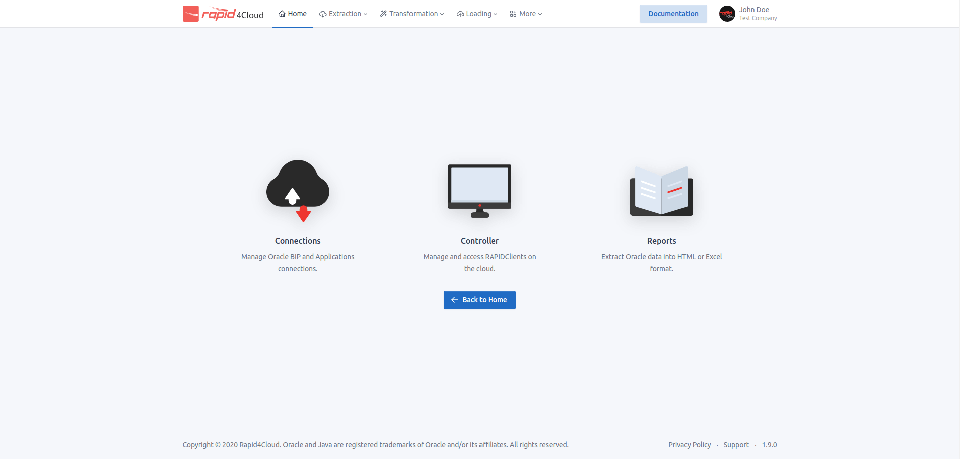 Image of a Rapid4Cloud Interface of Home Page for 1.9.0
