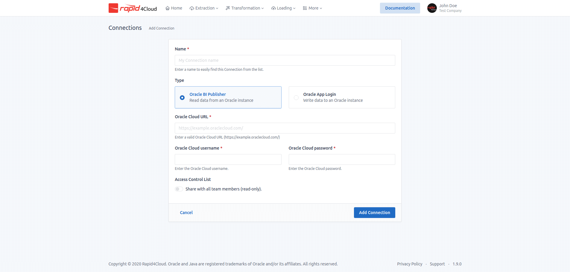 Image of a Rapid4Cloud Interface of Connections for 1.9.0