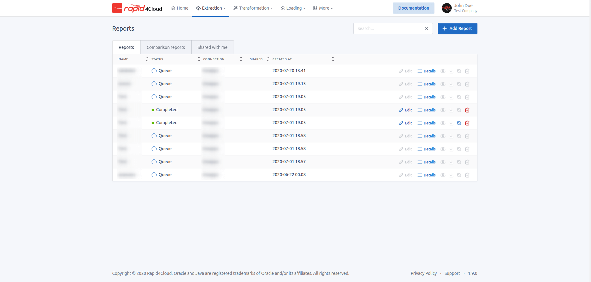 Image of a Rapid4Cloud Interface of Reports for 1.9.0