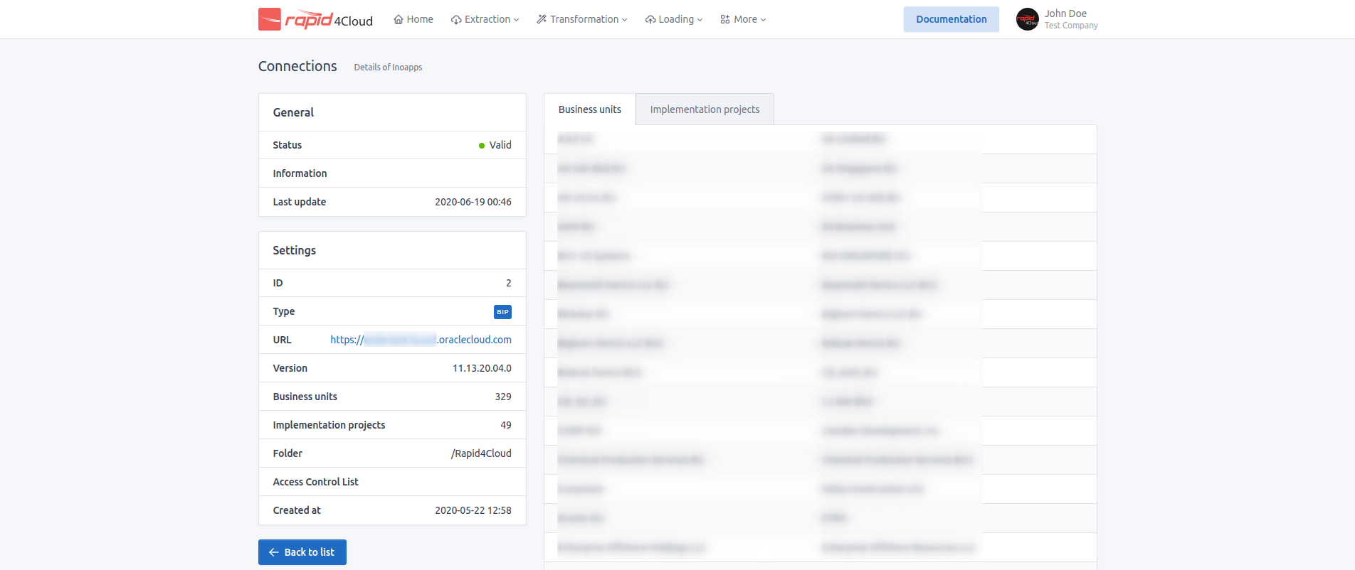 Image of a Rapid4Cloud Interface of Connection Settings for 1.9.0