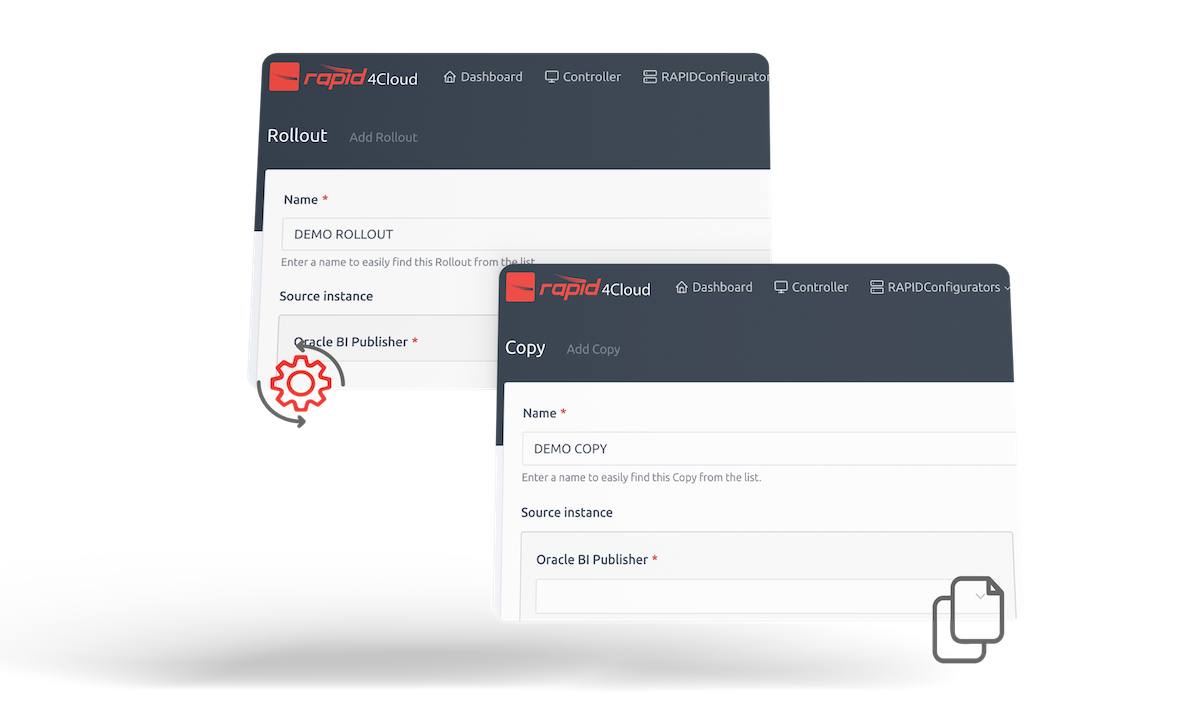 Image of RapidPlatform Screenshots of running Rollout or Copy on your environment as part of a weekly process.